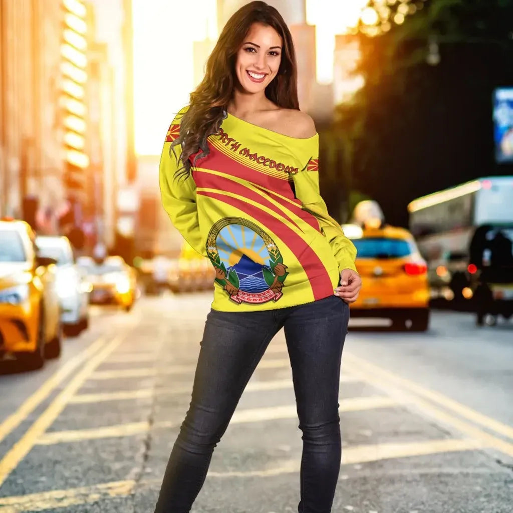 North Macedonia Coat Of Arms Shoulder Sweater Cricket RLT7 - Wonder Print Shop