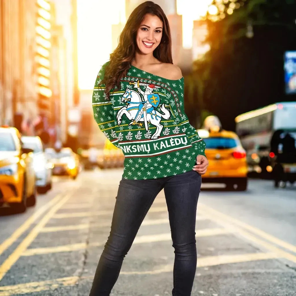 Lithuania Christmas Off Shoulder Sweater, Green RLT6 - Wonder Print Shop