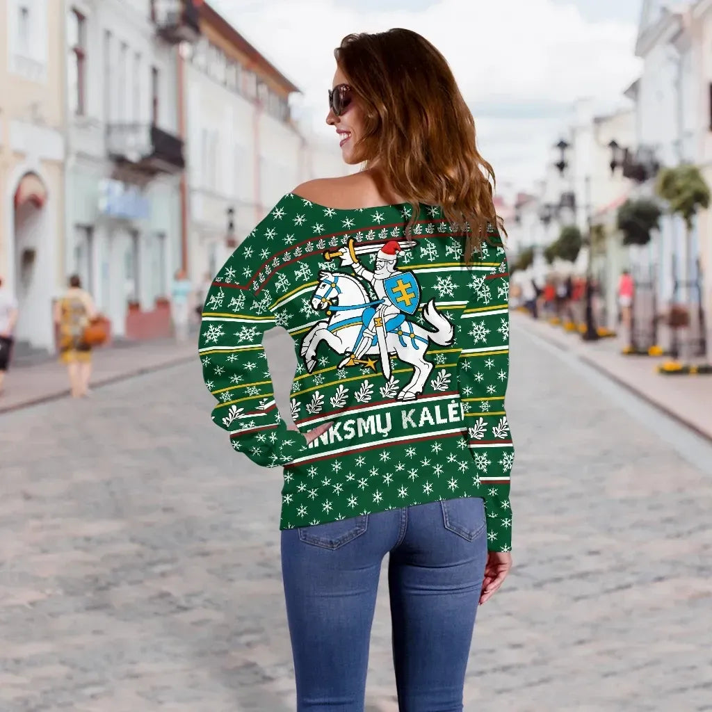 Lithuania Christmas Off Shoulder Sweater, Green RLT6 - Wonder Print Shop