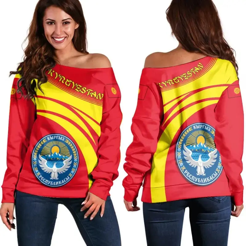 Kyrgyzstan Coat Of Arms Shoulder Sweater Cricket RLT8 - Wonder Print Shop