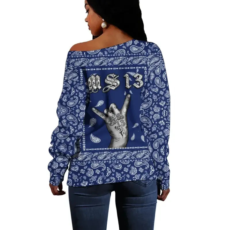 Off Shoulder Sweater Blue Bandana RLT8 - Wonder Print Shop