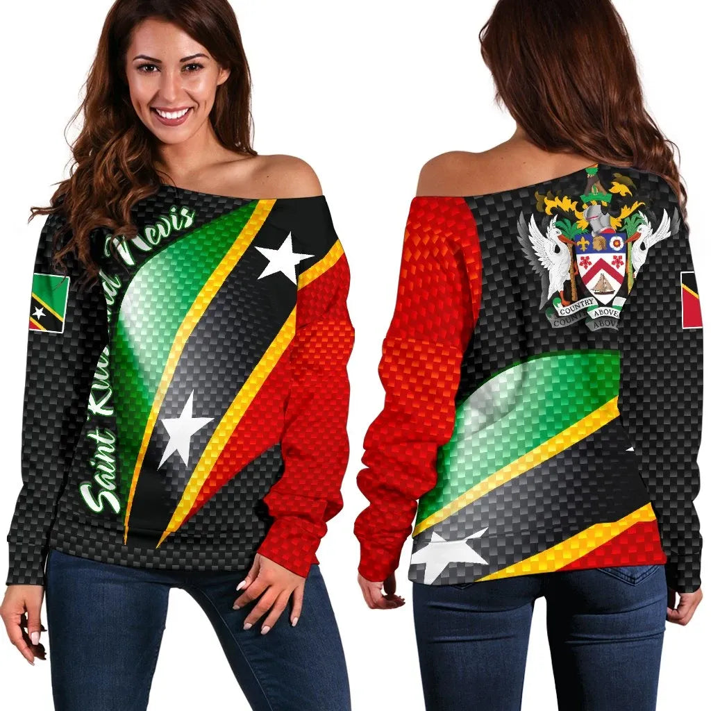 Saint Kitts and Nevis Women's Off Shoulder Sweater, Saint Kitts and Nevis Flag RLT6 - Wonder Print Shop