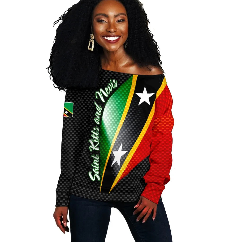 Saint Kitts and Nevis Women's Off Shoulder Sweater, Saint Kitts and Nevis Flag RLT6 - Wonder Print Shop