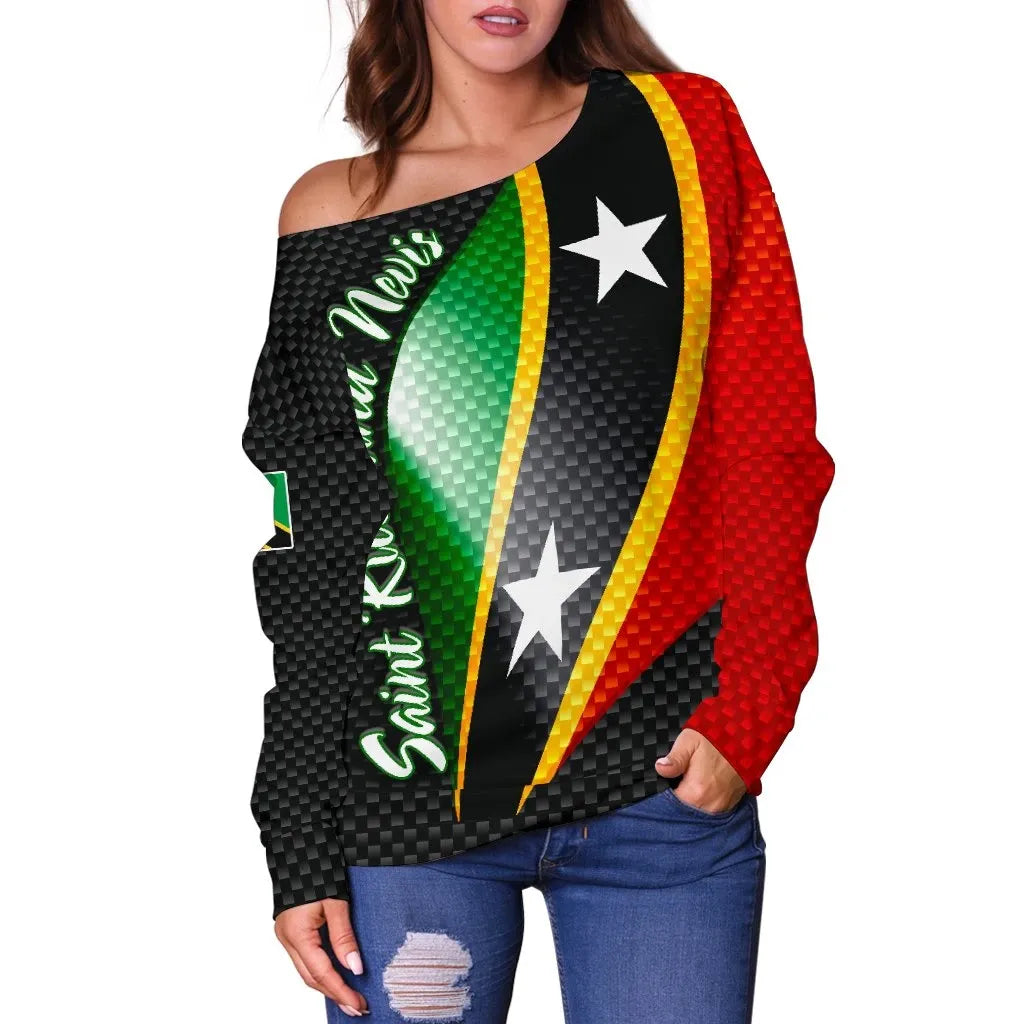 Saint Kitts and Nevis Women's Off Shoulder Sweater, Saint Kitts and Nevis Flag RLT6 - Wonder Print Shop