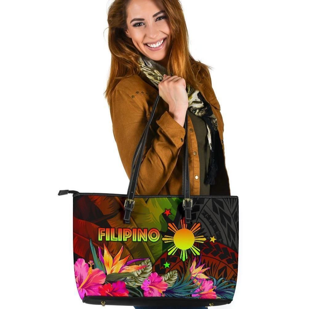 The Philippines Polynesian Leather Tote Bag Hibiscus and Banana Leaves RLT6 - Wonder Print Shop
