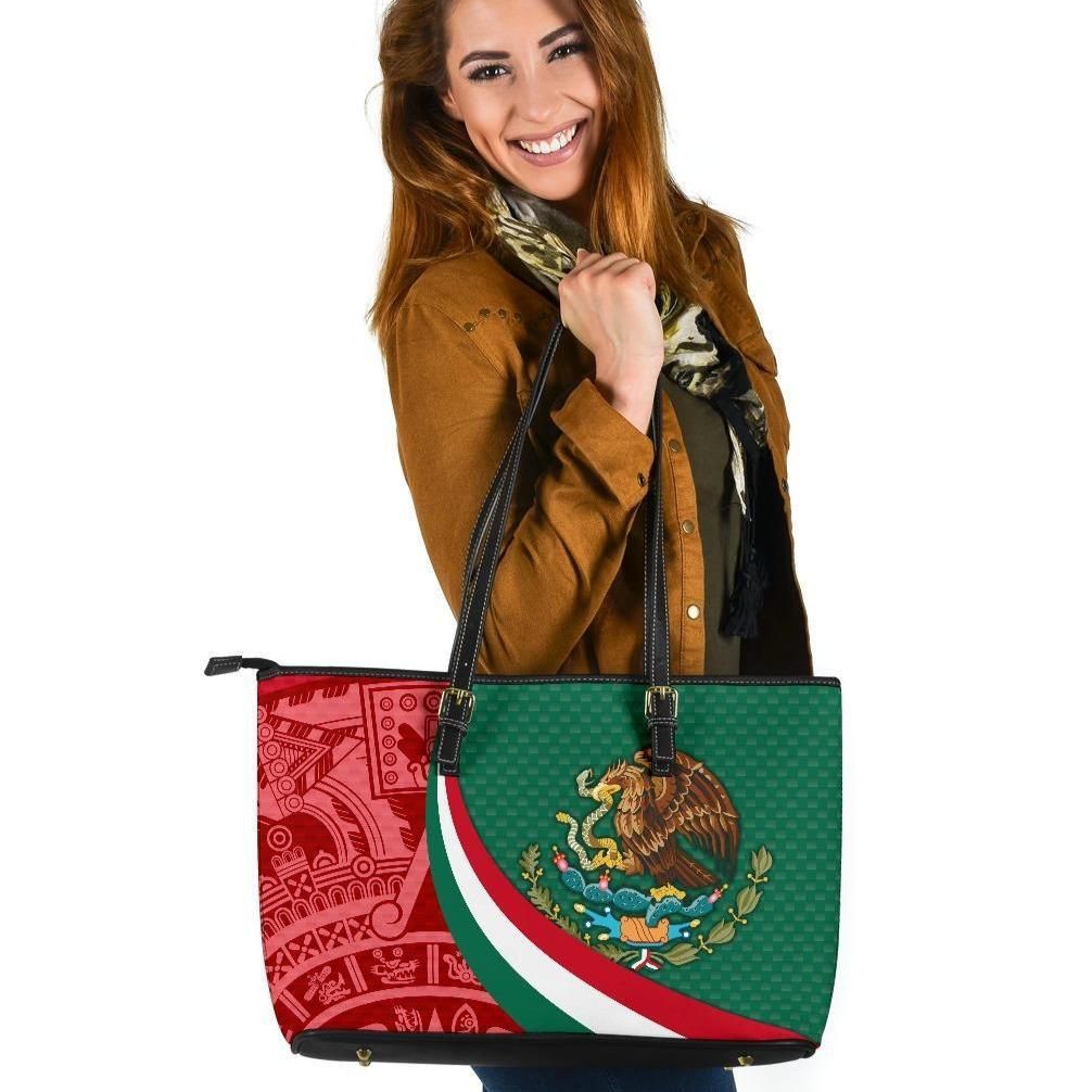 Mexico Leather Tote Bag Mexico Coat Of Arms With Aztec Patterns RLT13 - Wonder Print Shop