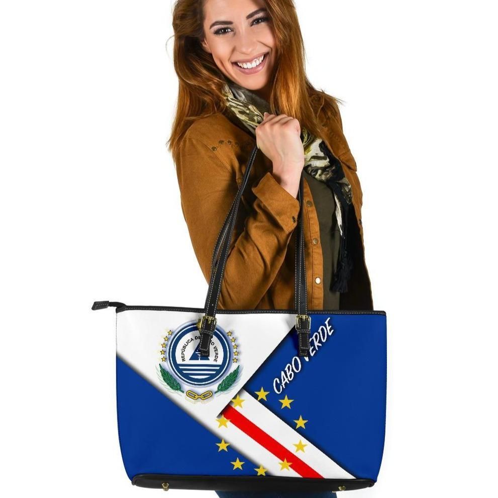 Cabo Verde Larg Leather Tote Bag - Cabo Verde Flag And Coat Of Arms RLT7 - Wonder Print Shop