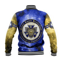 Back view of blue baseball jacket with large fraternity crest, gold sleeve print, ribbed hem