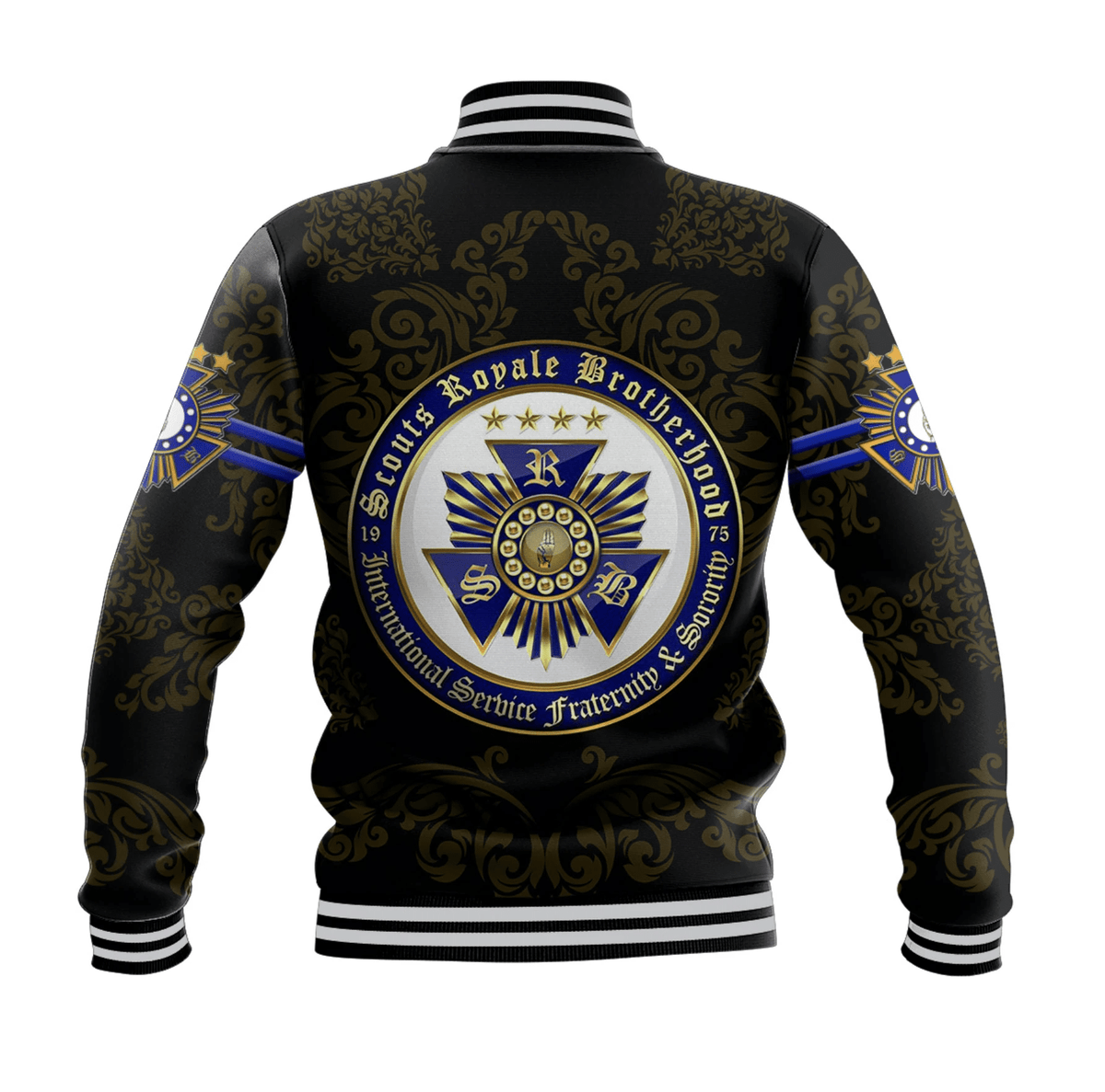 Black baseball jacket back shows large crest emblem, striped rib hem and cuffs