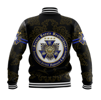 Black baseball jacket back shows large crest emblem, striped rib hem and cuffs