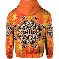 Orange zip hoodie back view with 'EVERY CHILD MATTERS' center graphic and handprints