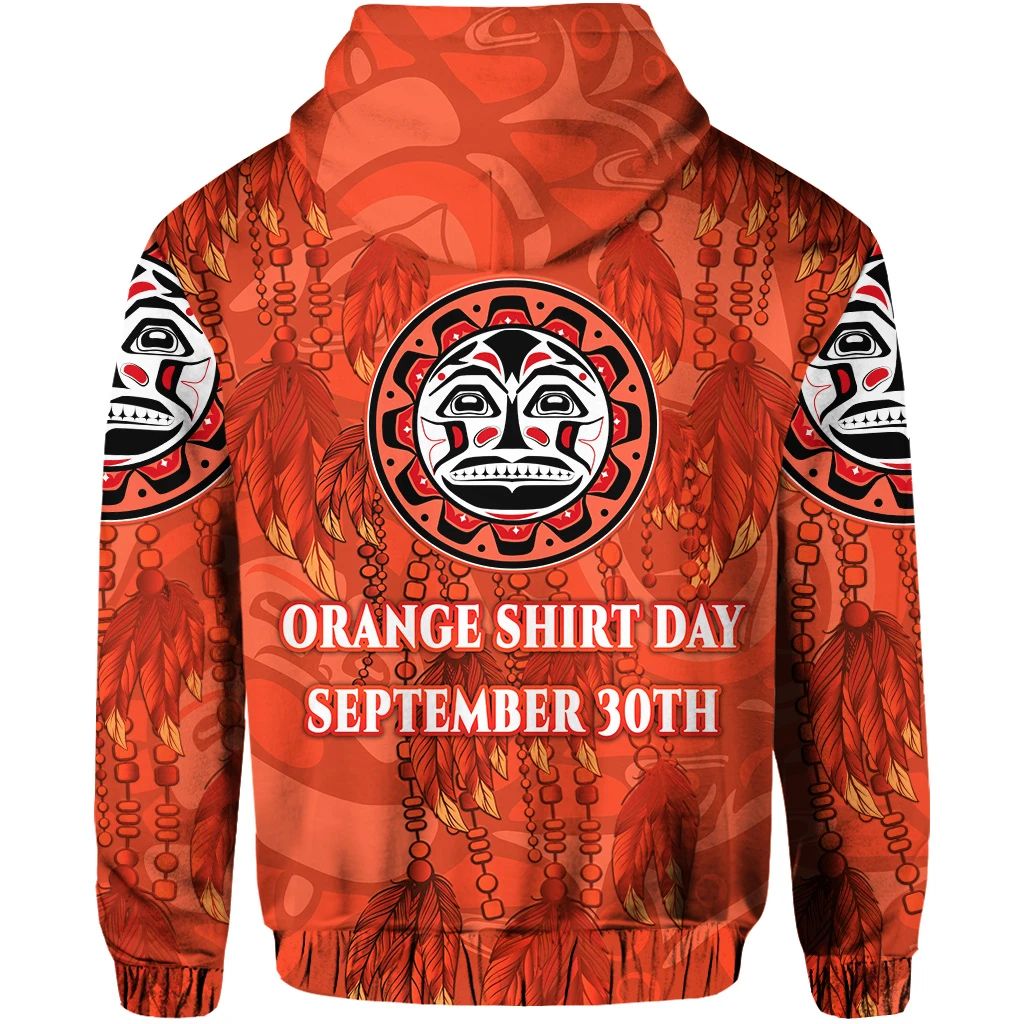 Orange zip hoodie with Orange Shirt Day September 30th back print