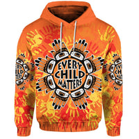 Orange pullover hoodie with front Every Child Matters graphic, hood and drawstrings