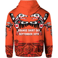 Orange hoodie back with 'Orange Shirt Day' text and totem bird art