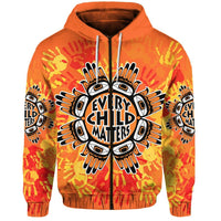 Orange zip hoodie with large 'EVERY CHILD MATTERS' graphic and handprint pattern