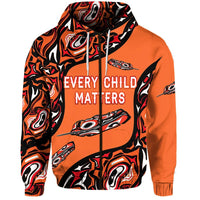 Orange zip hoodie with black swirls and white/red “EVERY CHILD MATTERS” front print