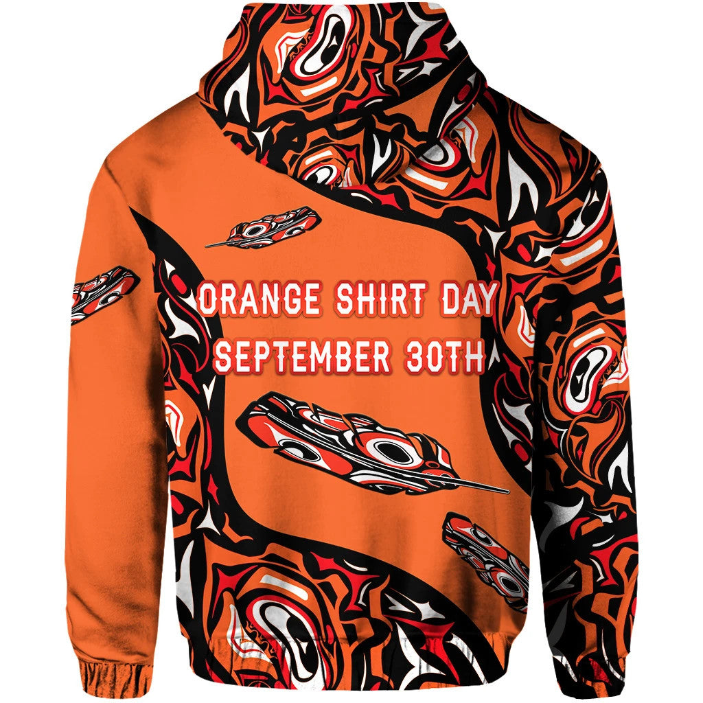 Orange hoodie with black swirl pattern and “ORANGE SHIRT DAY SEPTEMBER 30TH” front text