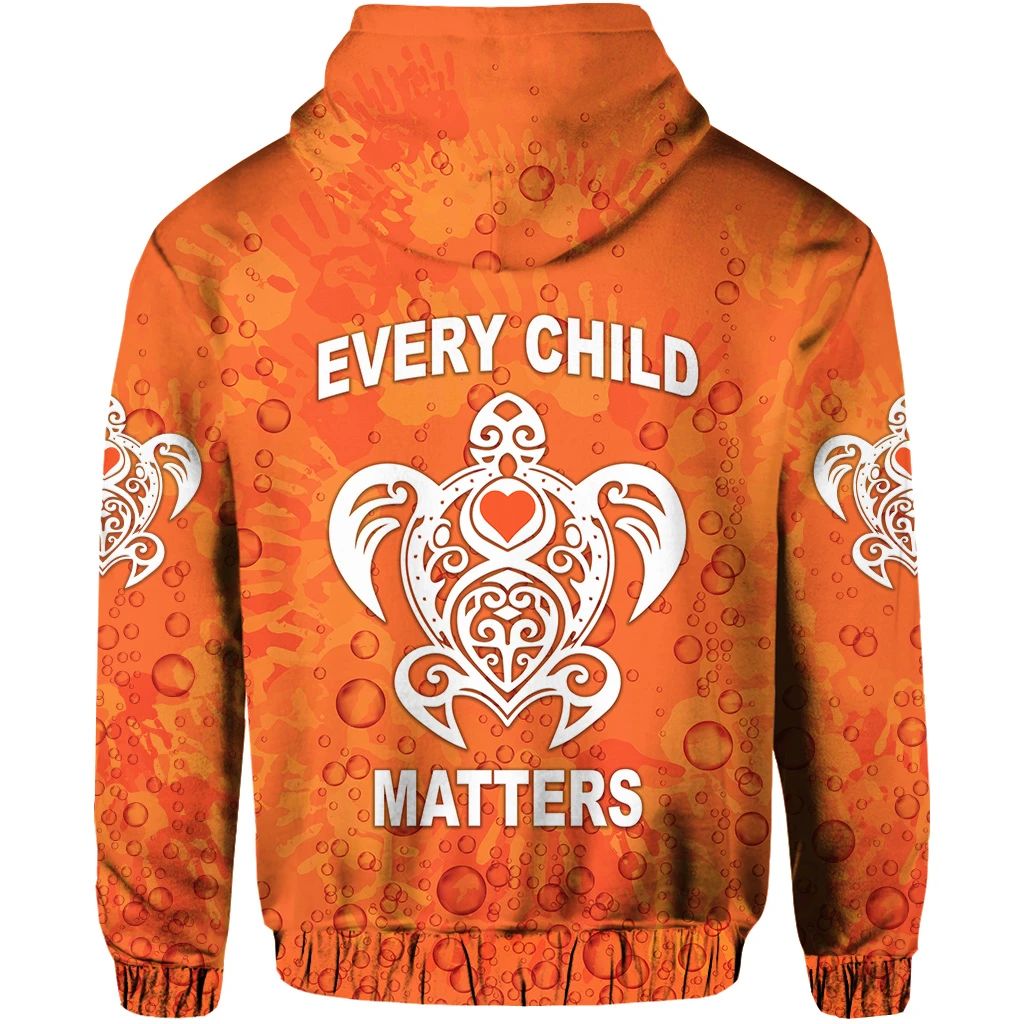 Orange pullover hoodie back view with Every Child Matters heart angel and banner