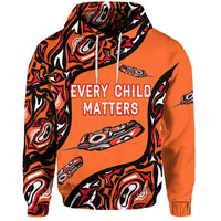 Orange pullover hoodie with “Every Child Matters” graphic, tribal-style sleeves and hood