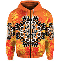 Orange zip hoodie with 'Every Child Matters' front graphic