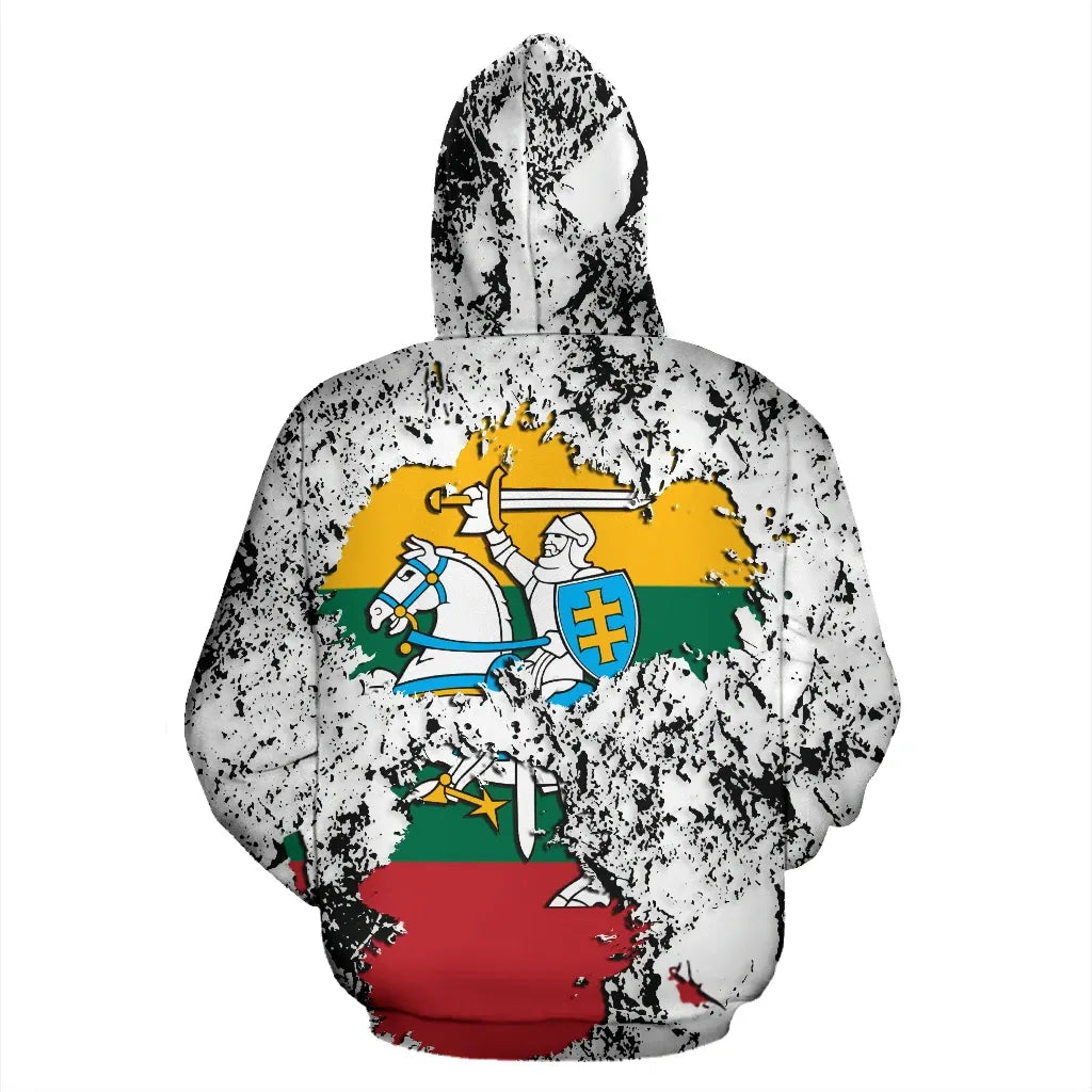 White pullover hoodie with black splatter, Lithuania flag map with knight crest