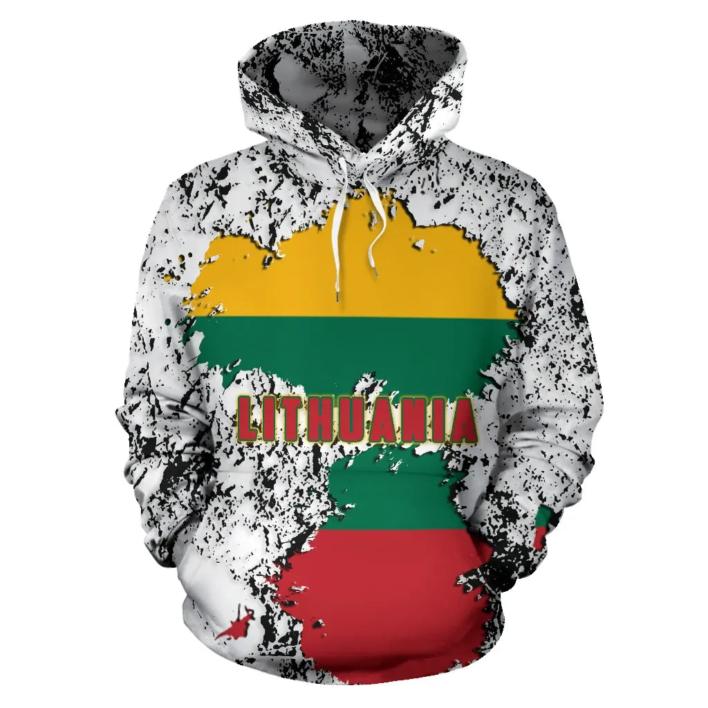 White pullover hoodie with black splatter, Lithuania flag map graphic, LITHUANIA word