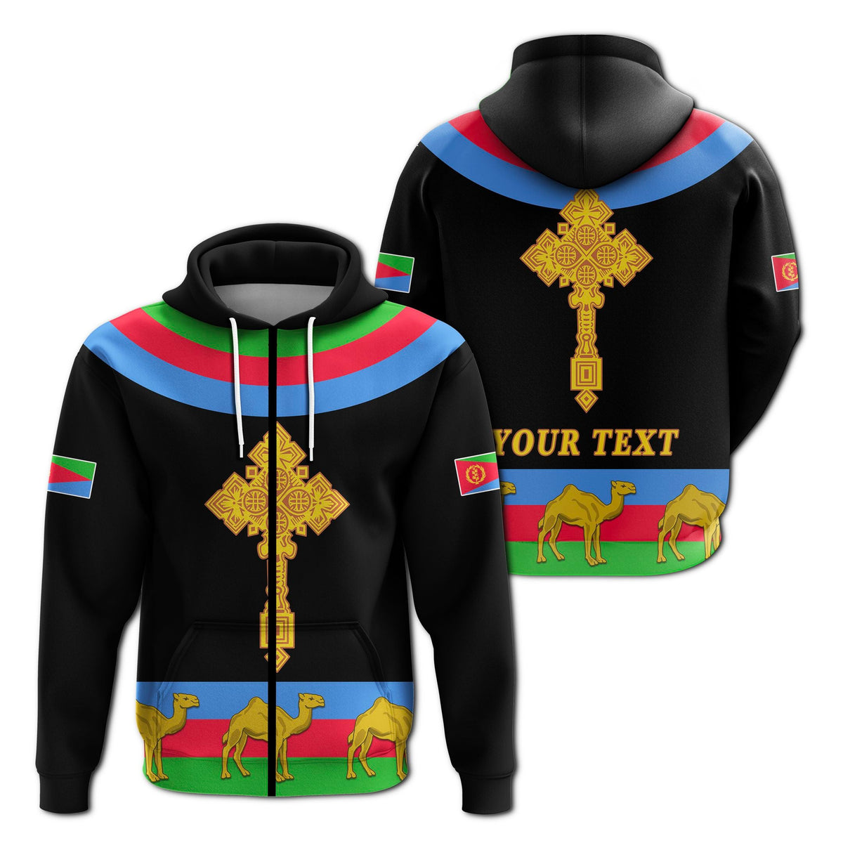 Custom Eritrea Zip Hoodie Cross Flag Camel Black LT13 - Wonder Print Shop