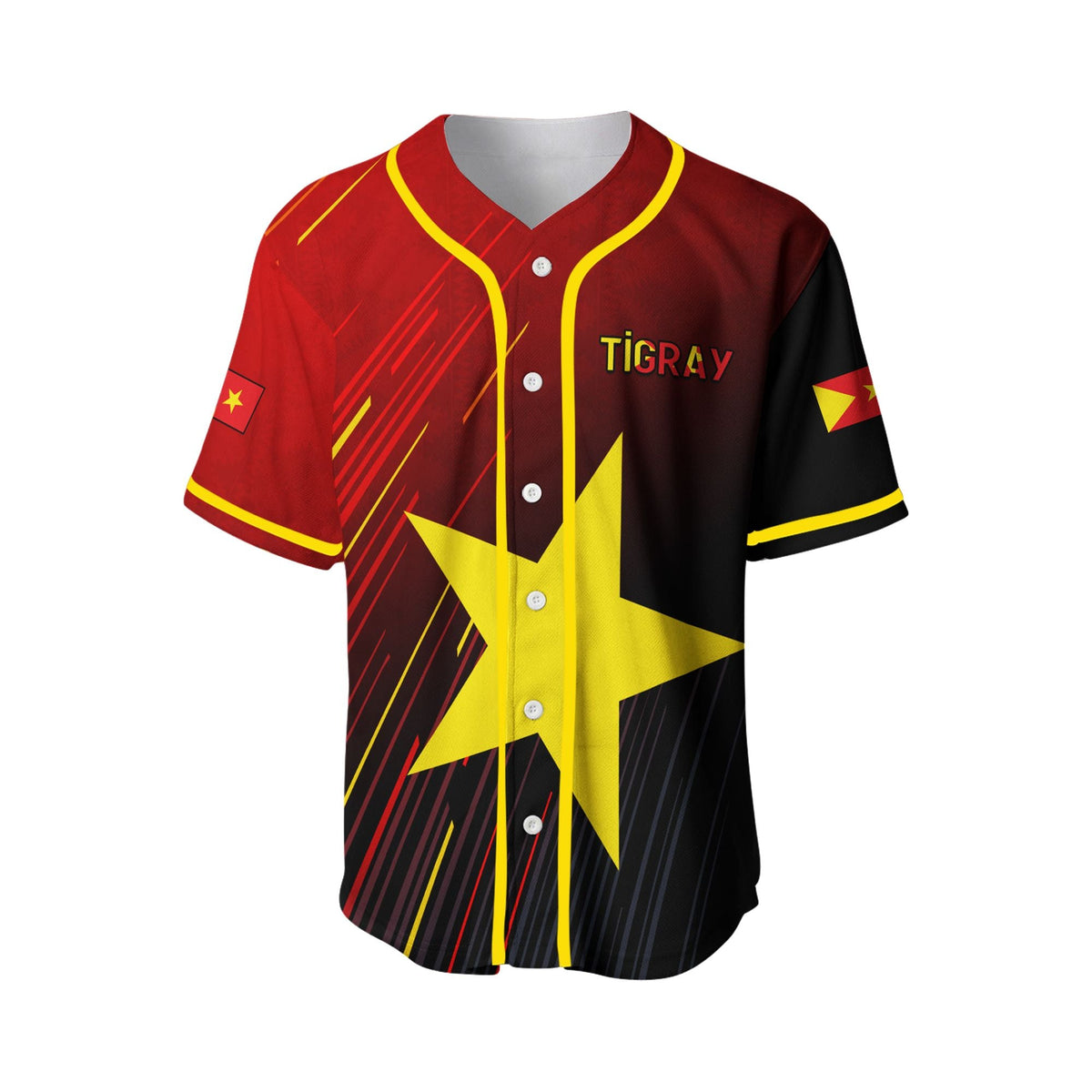 Front baseball jersey with yellow piping, black & red panels, 'TIGRAY' logo