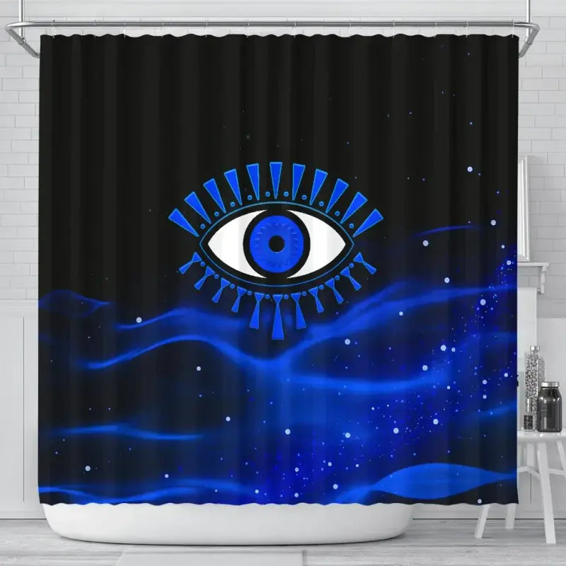 Black shower curtain with centered blue evil eye and galaxy-like blue landscape print