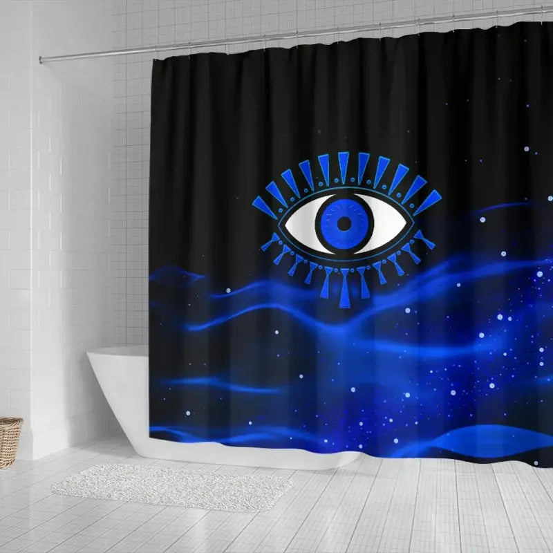 Black shower curtain with blue evil eye design and top grommets visible