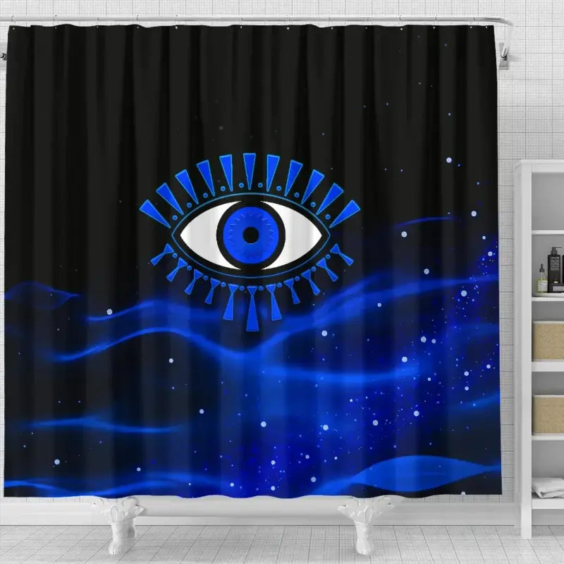 Black shower curtain featuring a blue evil eye emblem over deep blue nebula-style art
