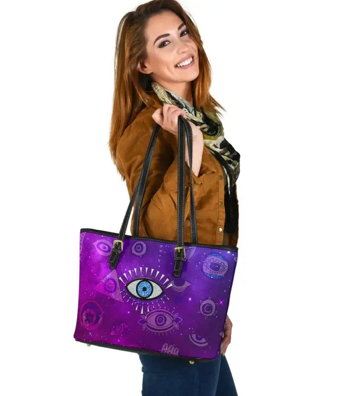 Leather Totes - Evil Eye Small Leather Tote Universe Style LT8 - Wonder Print Shop