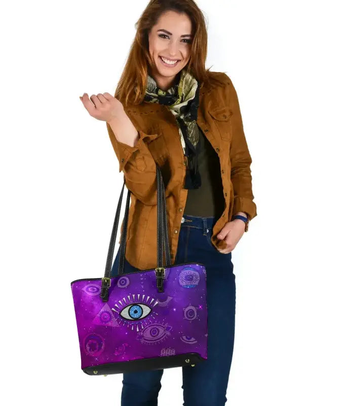 Leather Totes - Evil Eye Small Leather Tote Universe Style LT8 - Wonder Print Shop