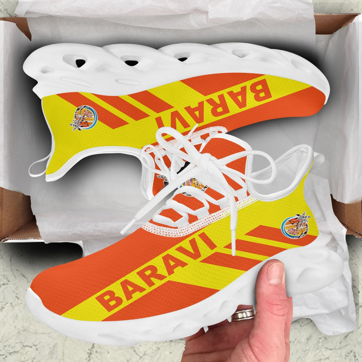 Clunky sneakers with Baravi flag graphic, white upper and laces, white outsole with tread
