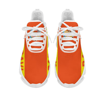 Clunky sneakers pair, orange upper with Baravi flag print, white laces, white sole