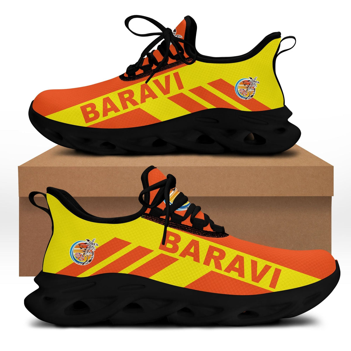 Clunky sneakers with Baravi flag graphic, orange/yellow colorway, black sole