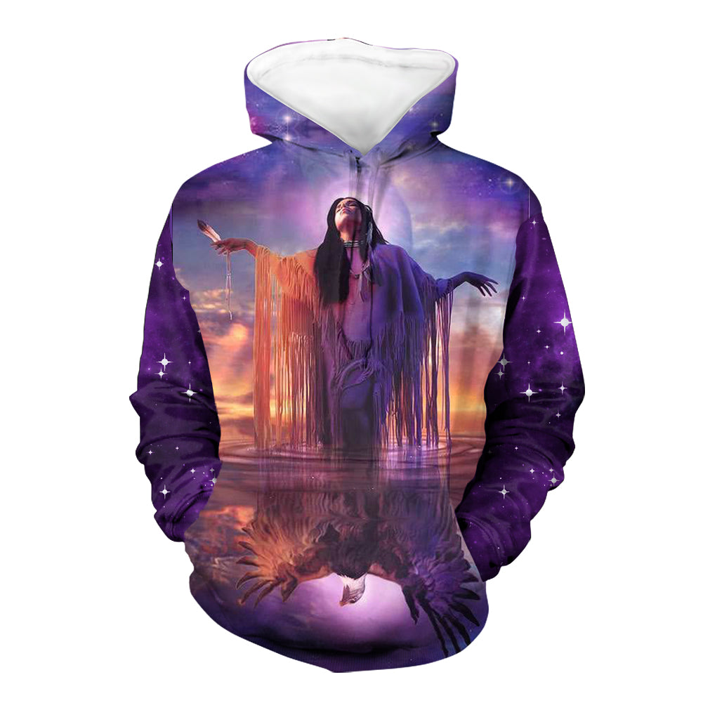 Native American Girl and Eagle Purple Galaxy 3D Hoodie LT10 - Wonder Print Shop