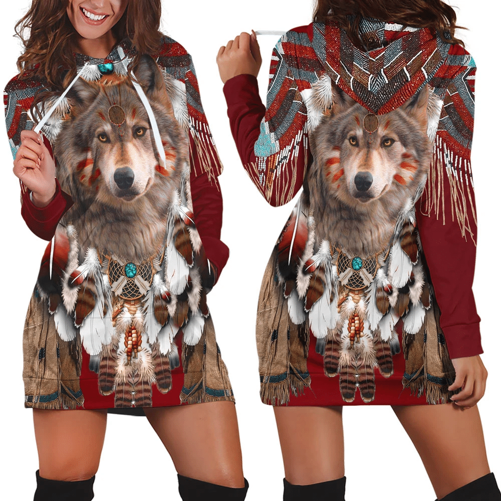 aborigine-style-3d-all-over-printed-native-american-red-wolf-king-hoodie-dress
