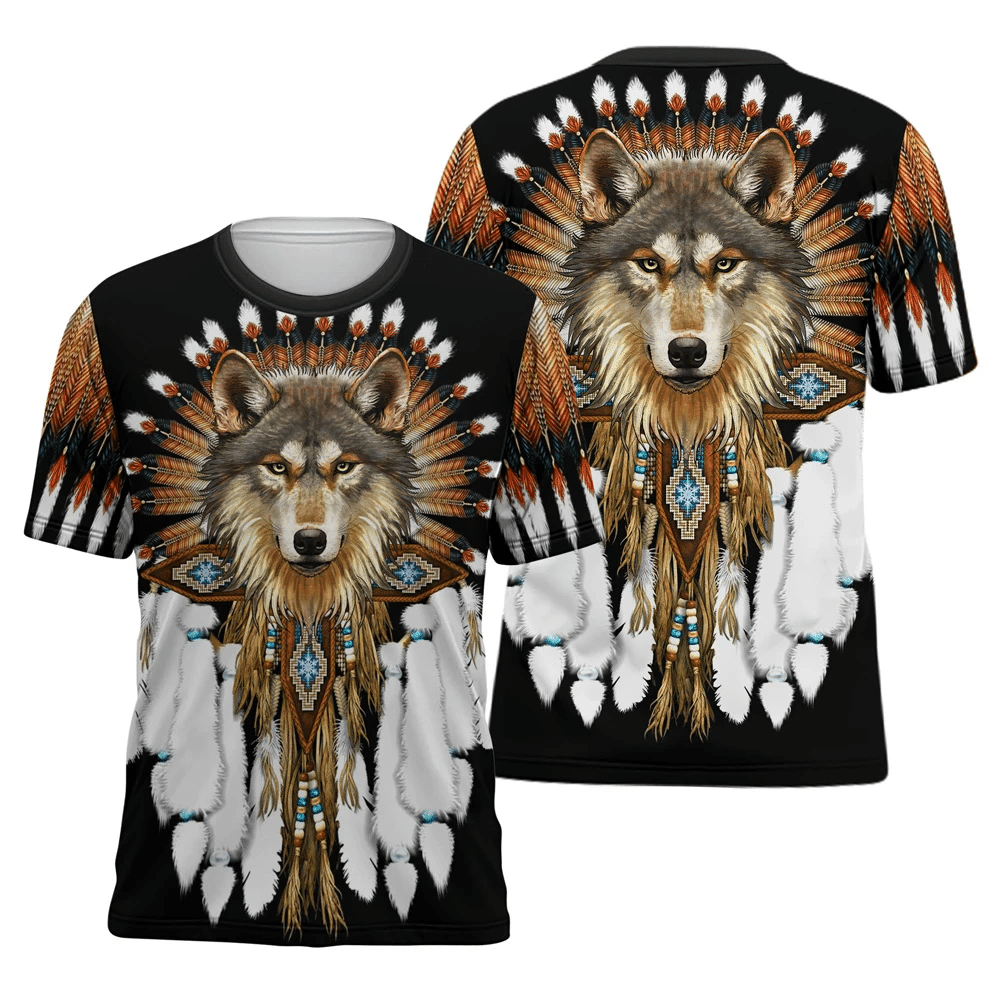 Native Indian gray wolf and tribal pattern 3D printed T Shirt - Wonder Print Shop
