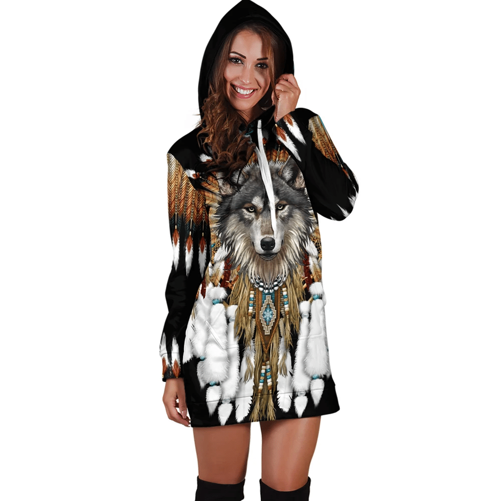 Native American Wolf 3D All Over Printed Wolf King - Black Hoodie Dress - Wonder Print Shop