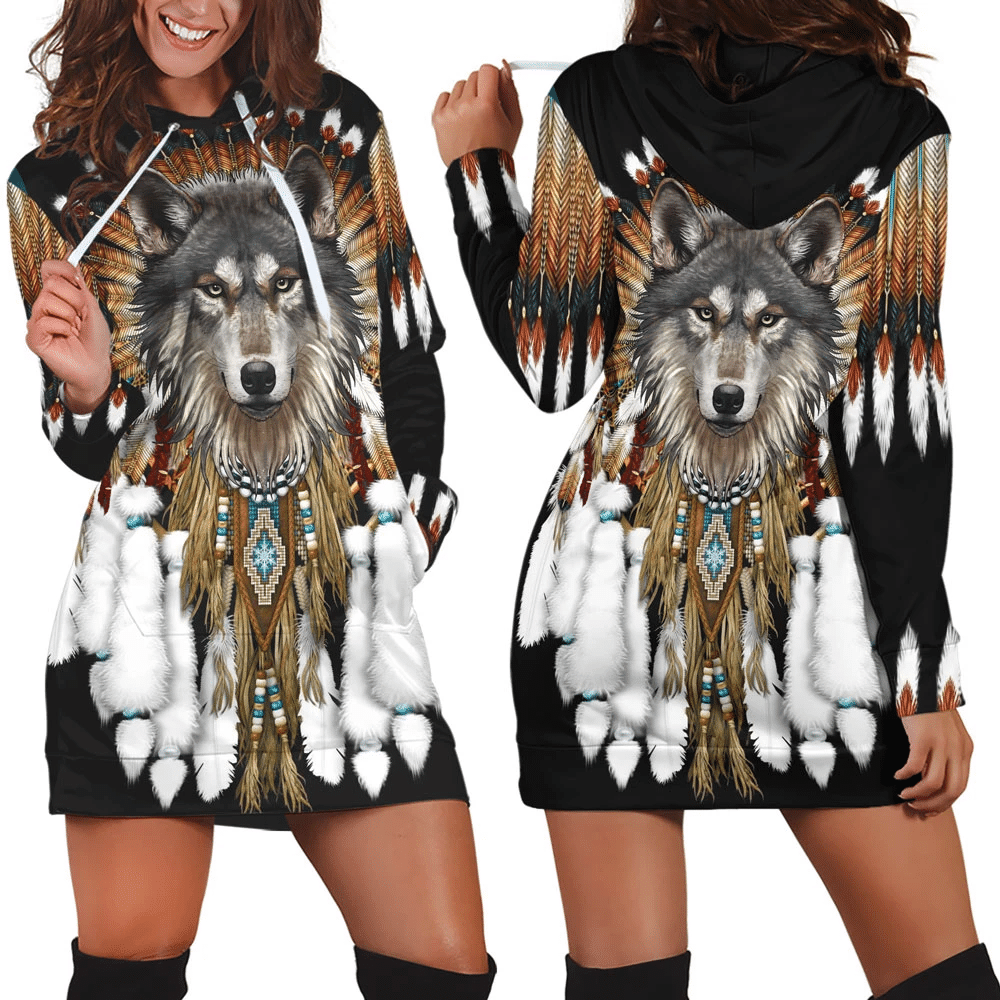 native-american-wolf-3d-all-over-printed-wolf-king-black-hoodie-dress