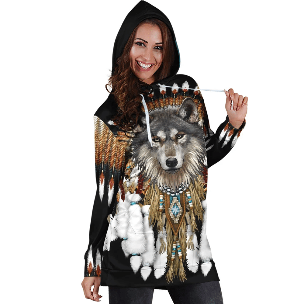 Native American Wolf 3D All Over Printed Wolf King - Black Hoodie Dress - Wonder Print Shop