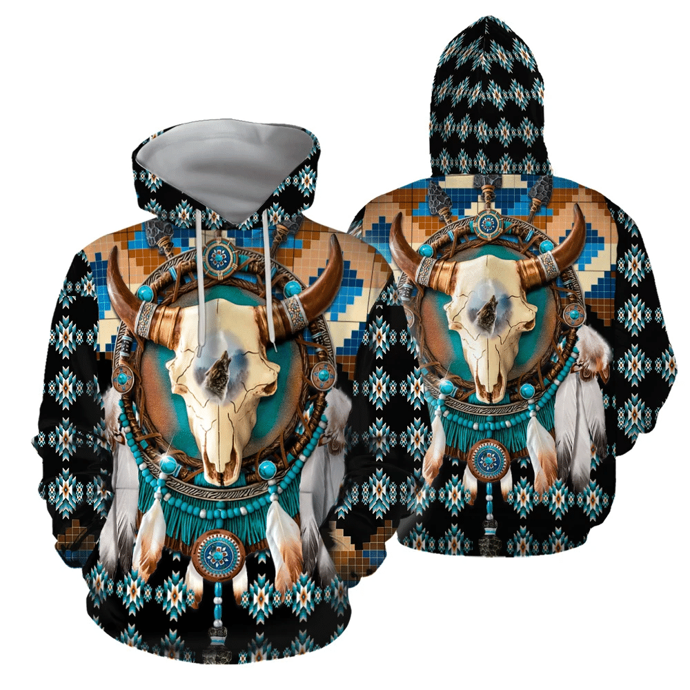 Native American Native Buffalo 3D All Over Printed Golden Horned Buffalo Skull With Wolf Hoodie - Wonder Print Shop