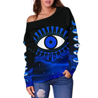Sweatshirt Evil Eye Women's Off Shoulder Sweater Original Style Blue LT8 - Wonder Print Shop