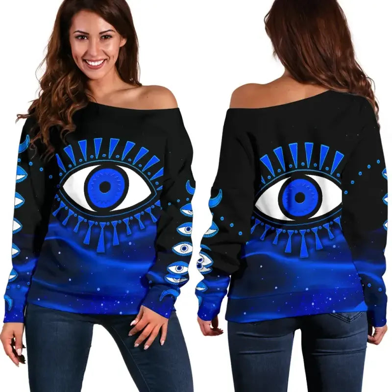Sweatshirt Evil Eye Women's Off Shoulder Sweater Original Style Blue LT8 - Wonder Print Shop