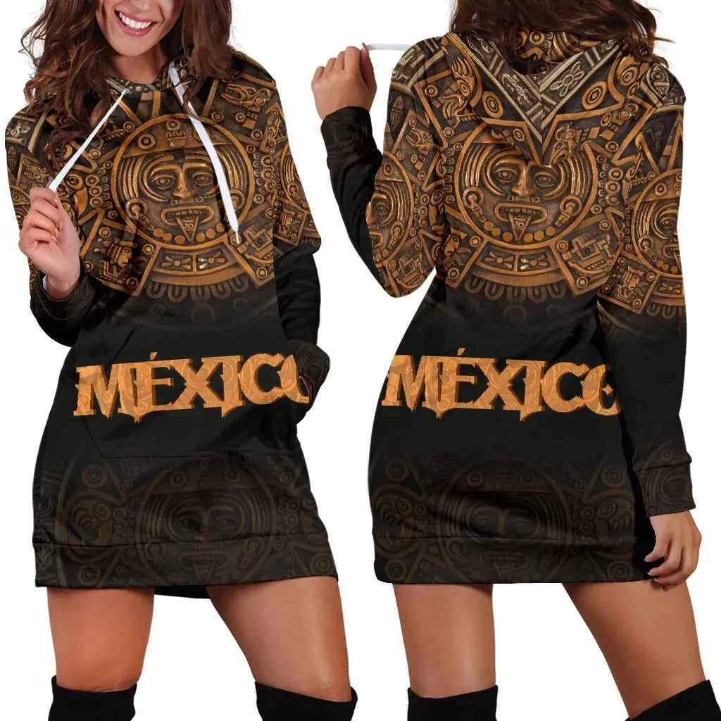 Mexico Aztec Hoodie Dress The Ancient Aztec Calendar RLT13 - Wonder Print Shop