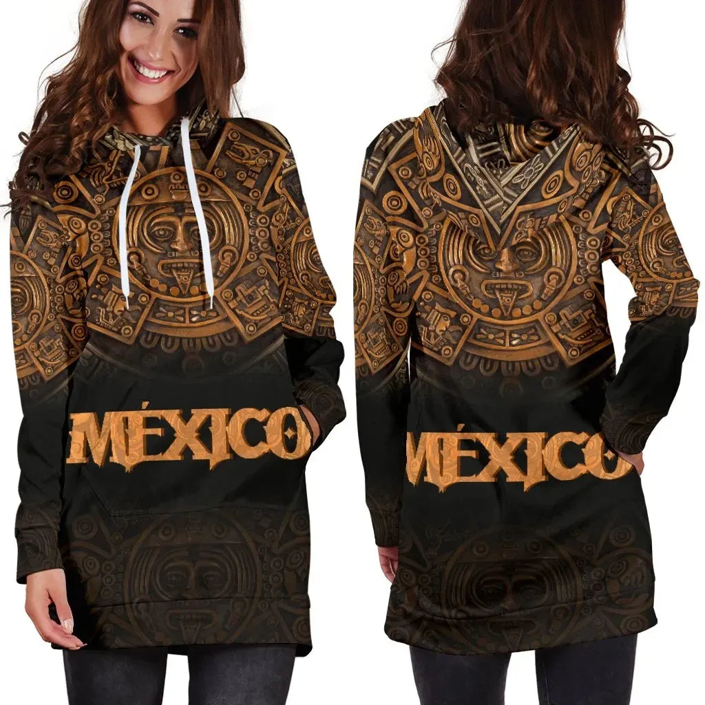 Mexico Aztec Hoodie Dress The Ancient Aztec Calendar RLT13 - Wonder Print Shop