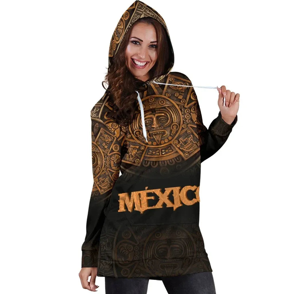 Mexico Aztec Hoodie Dress The Ancient Aztec Calendar RLT13 - Wonder Print Shop