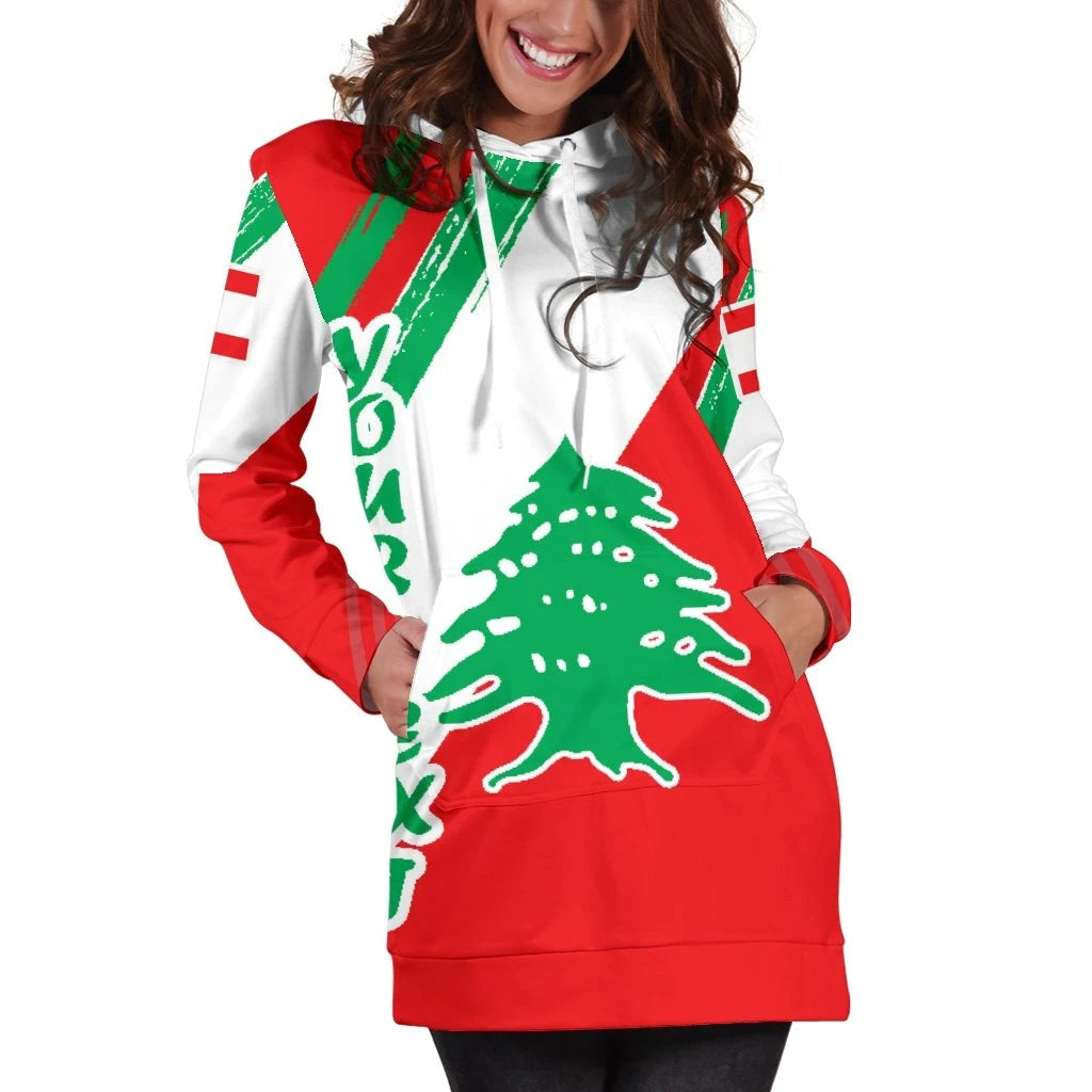 Lebanon Personalised Women's Hoodie Dress - Lebanon Flag Polygon Style24 RLT6 - Wonder Print Shop