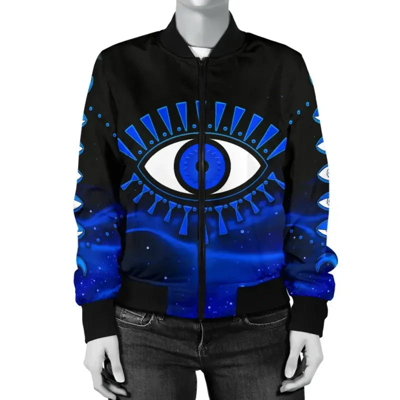 Jacket - Evil Eye Women's Bomber Jacket Original Style - Blue LT8 - Wonder Print Shop